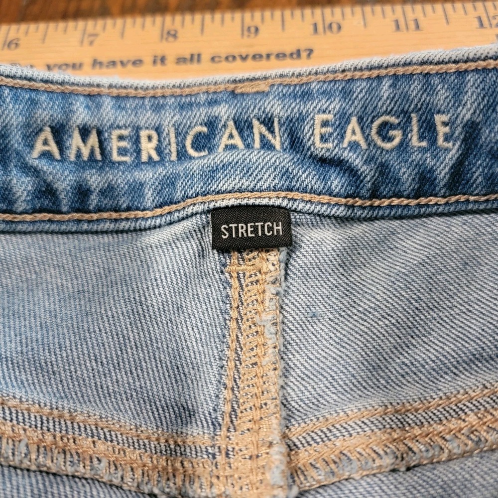 American Eagle Stretch Mom Straight Jean Blue Wash Denim Distressed Size 14R - Picture 6 of 9